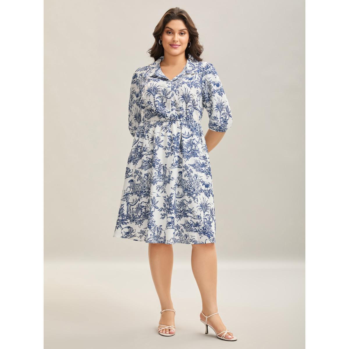 Plus Size Animal Print Button Pockets Midi Dress DarkBlue Women Elegant Shirt collar Half Sleeve Curvy BloomChic 28/5X Product Image