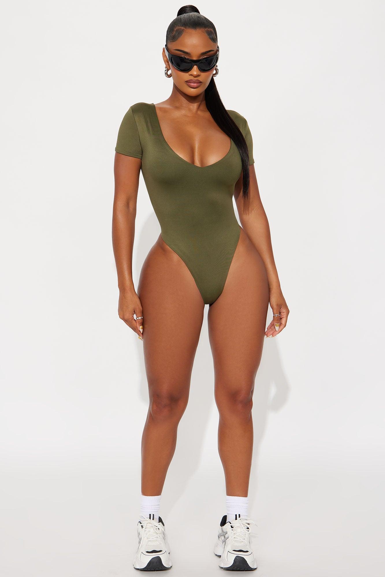 Contour Double Lined Short Sleeve High Cut Bodysuit - Military Green Female Product Image