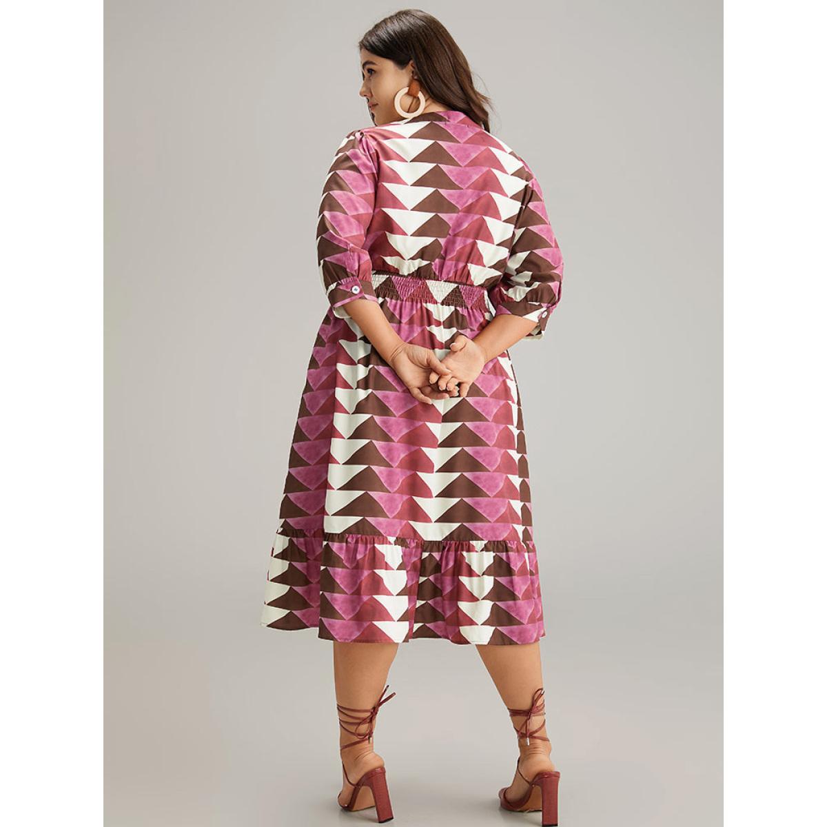 Plus Size Geometric Shirred Button Up Ruffle Hem Dress RedViolet Women Vacation Printed Notched collar Elbow-length sleeve Curvy Midi Dress BloomChic 18-20/2X Product Image