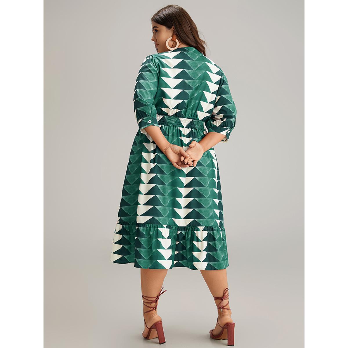 Plus Size Geometric Shirred Button Up Ruffle Hem Dress Aegean Women Vacation Printed Notched collar Elbow-length sleeve Curvy Midi Dress BloomChic 18-20/2X Product Image