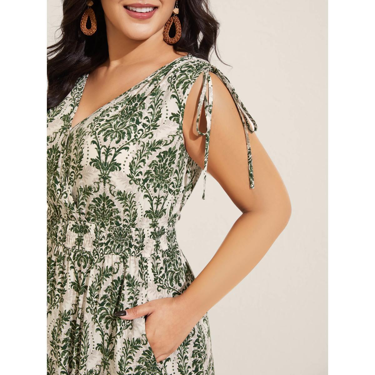 Plus Size Damask Print Surplice Sleeveless Midi Dress Truegreen Women Overlap Collar Sleeveless Curvy BloomChic 18-20/2X Product Image