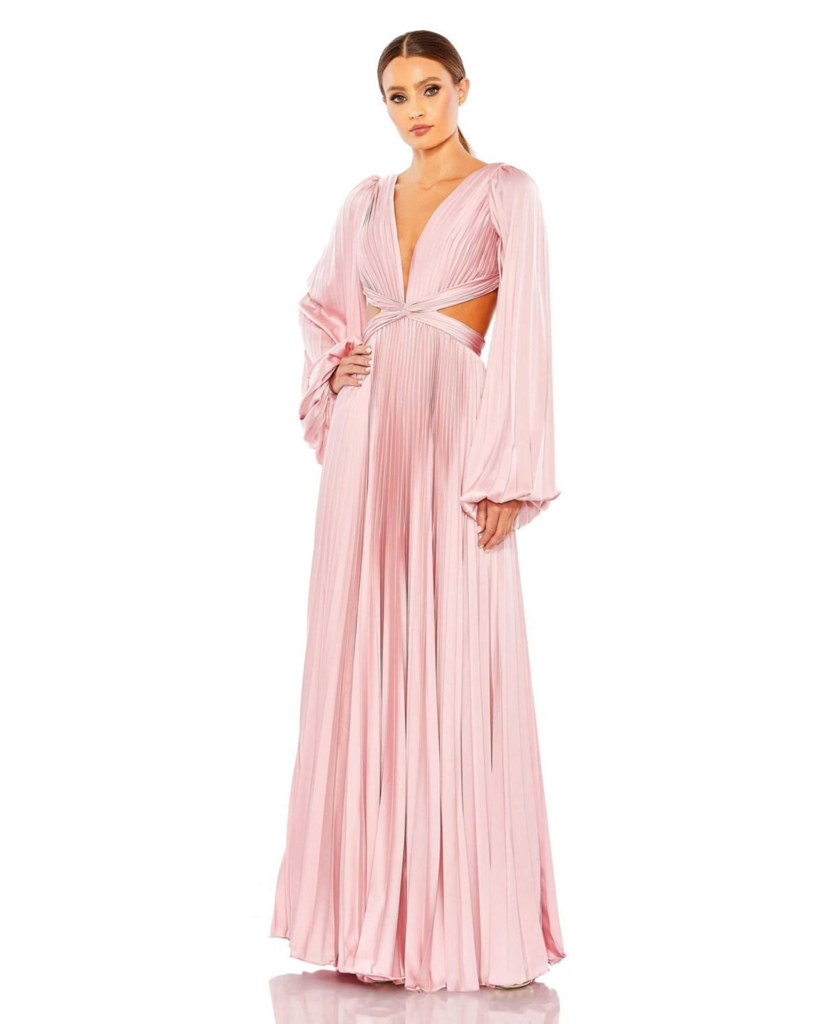 Mac Duggal Long Balloon Sleeve Side Cut-Out Pleated Deep V-Neck Satin A Product Image