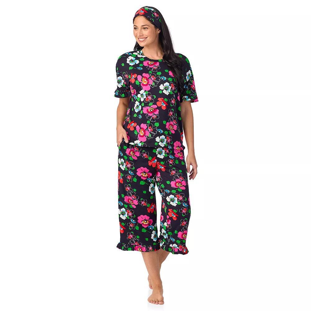 Women's Cuddl Duds® 3-Piece Short Sleeve Pajama Top, Cropped Pajama Pants & Headband Set, Size: Small, Blue Floral Product Image