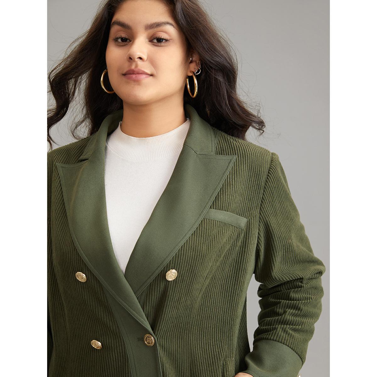 Plus Size Corduroy Patchwork Suit Collar Metal Detail Blazer ArmyGreen Women Dailywear Plain Texture Sleeve Long Sleeve Suit Collar 12/L Pocket Casual Blazers BloomChic Product Image