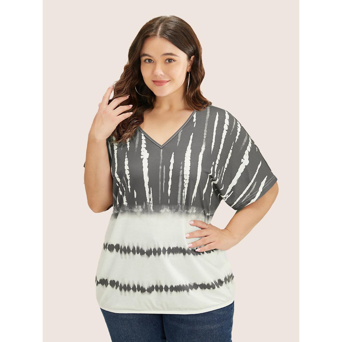 Plus Size Tie Dye Batwing Sleeve T-shirt DimGray Women Casual Tie Dye V-neck Everyday T-shirts BloomChic 14-16/1X Product Image