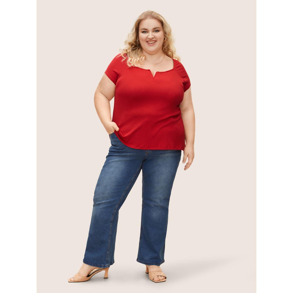 Plus Size Solid Notched Collar Pit Strip T-shirt Brightred Women Elegant Non Notched collar Bodycon Everyday T-shirts BloomChic 14-16/1X Product Image