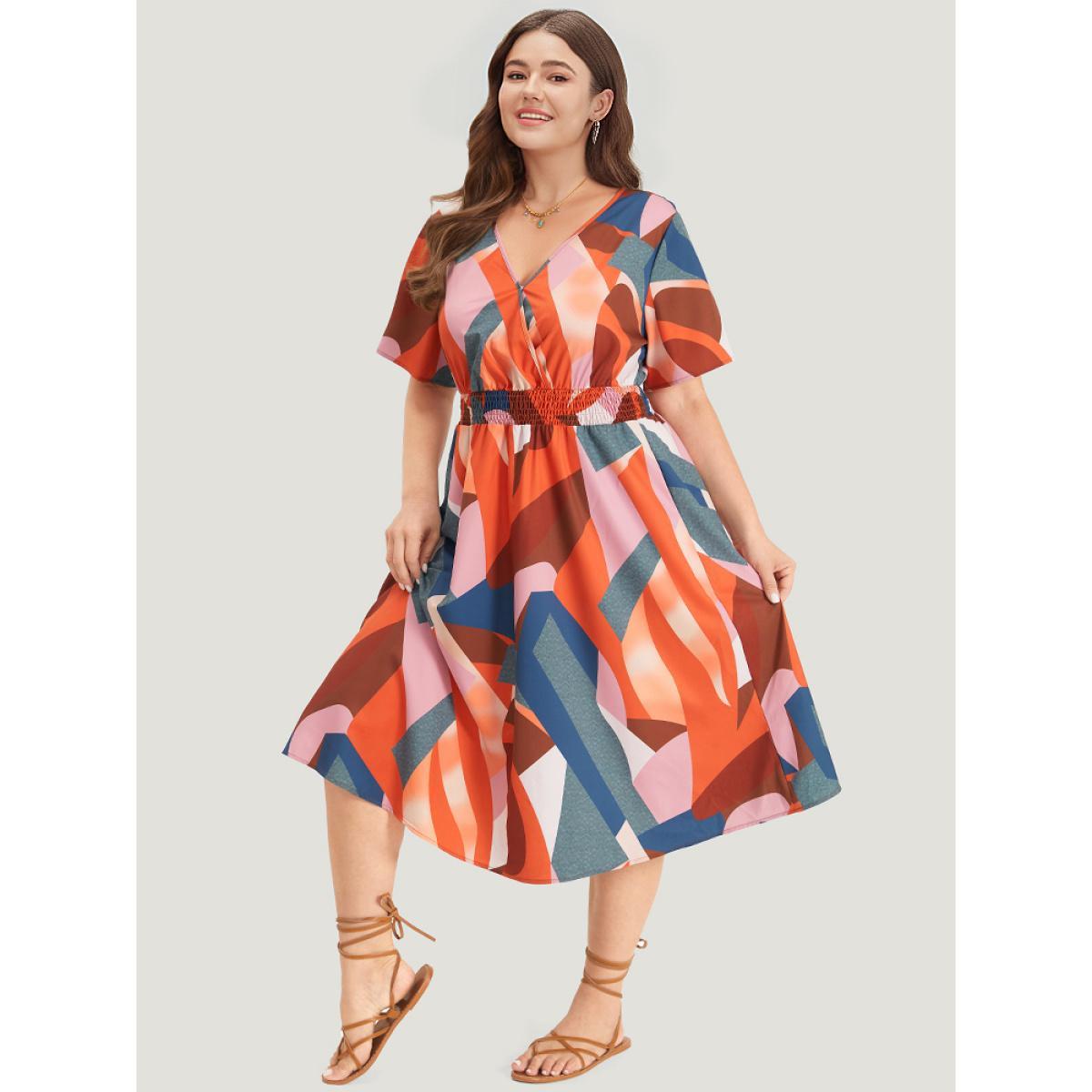Plus Size Colour Geometric Contrast Shirred Ruffles Elastic Waist Dress Multicolor Women Vacation Elastic Waist V-neck Short sleeve Curvy Midi Dress BloomChic 18-20/2X Product Image