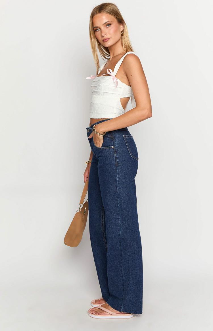 Kansis Dark Blue Uneven Waist Jeans Product Image