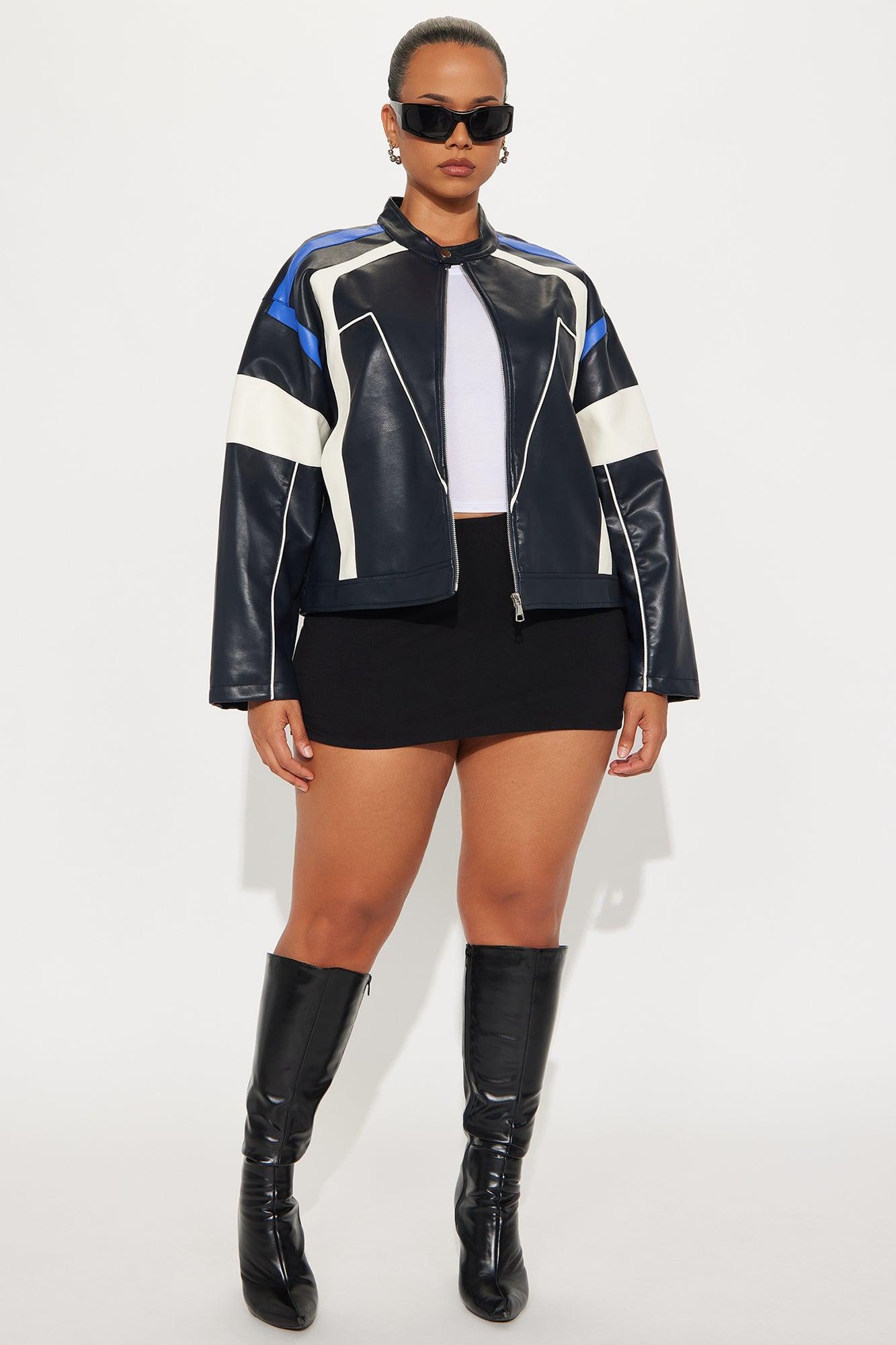 Sasha Faux Leather Moto Jacket - Royal/combo Product Image