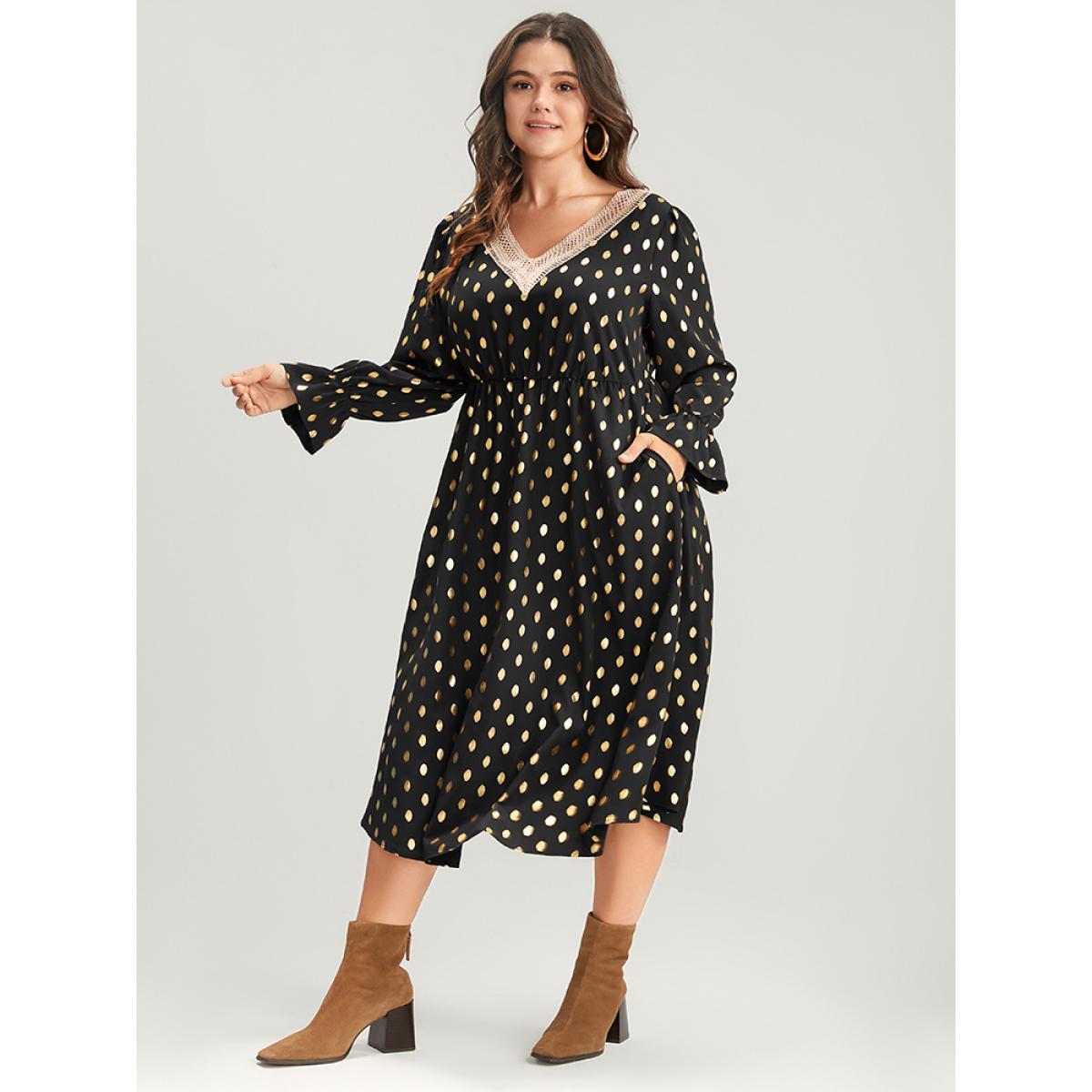 Plus Size Polka Dot Lantern Sleeve Pocket Lace Trim Midi Dress Black Women Party Lace V-neck Long Sleeve Curvy Midi Dress BloomChic 28/5X Product Image
