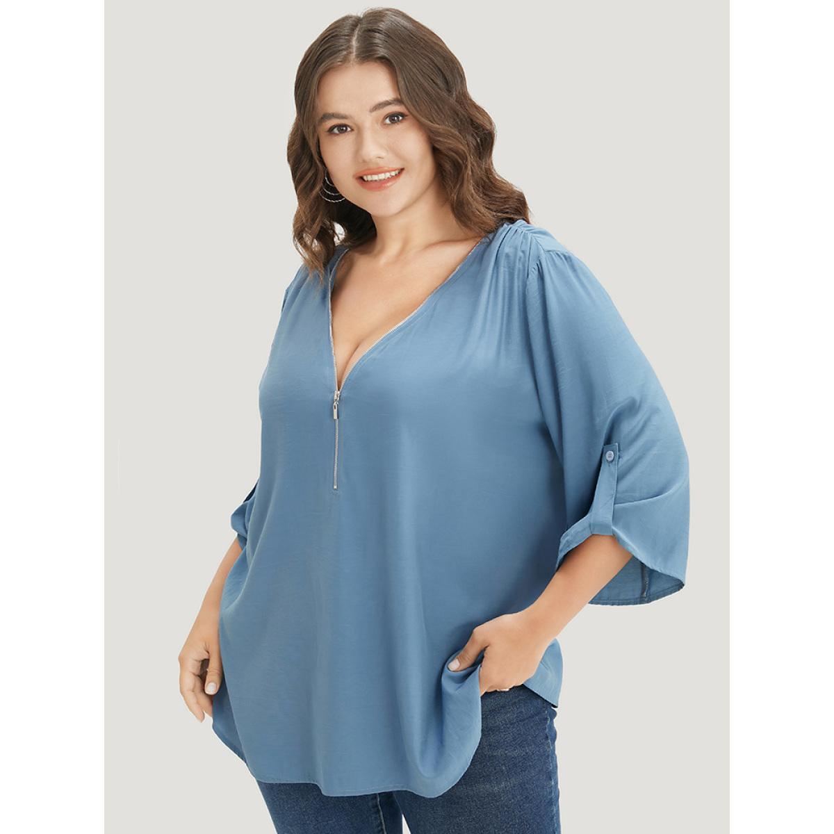 Plus Size Stone Solid Zipper Half Gathered Cuffed Sleeve Blouse Women Office Elbow-length sleeve V-neck Work Blouses BloomChic 30/6X Product Image