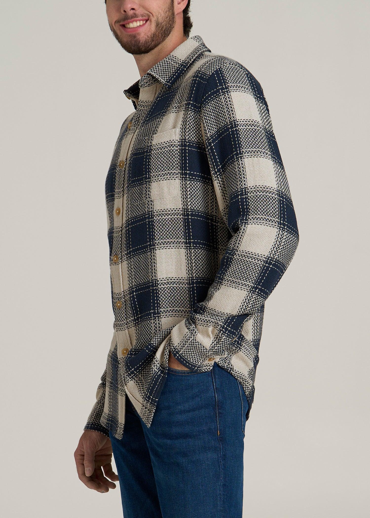 Lightweight Woven Overshirt for Tall Men in Navy and Beige Plaid Product Image