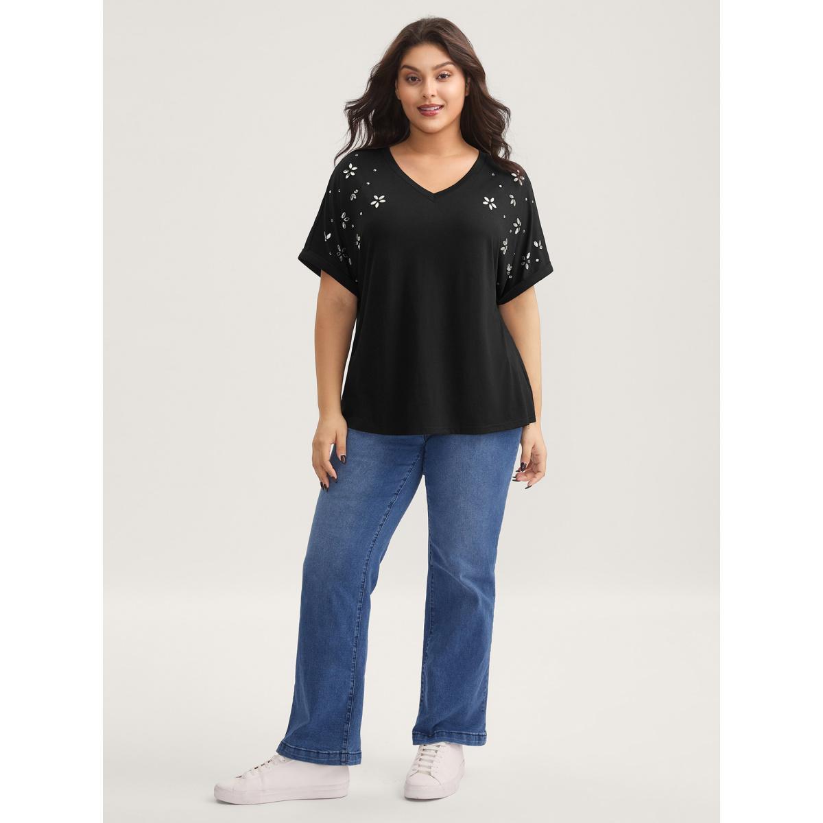 Plus Size Supersoft Stretchy Zirconia Design T-Shirt Black Women Rhinestone detailing V-neck Everyday-Casual T-shirts BloomChic 10/M Product Image