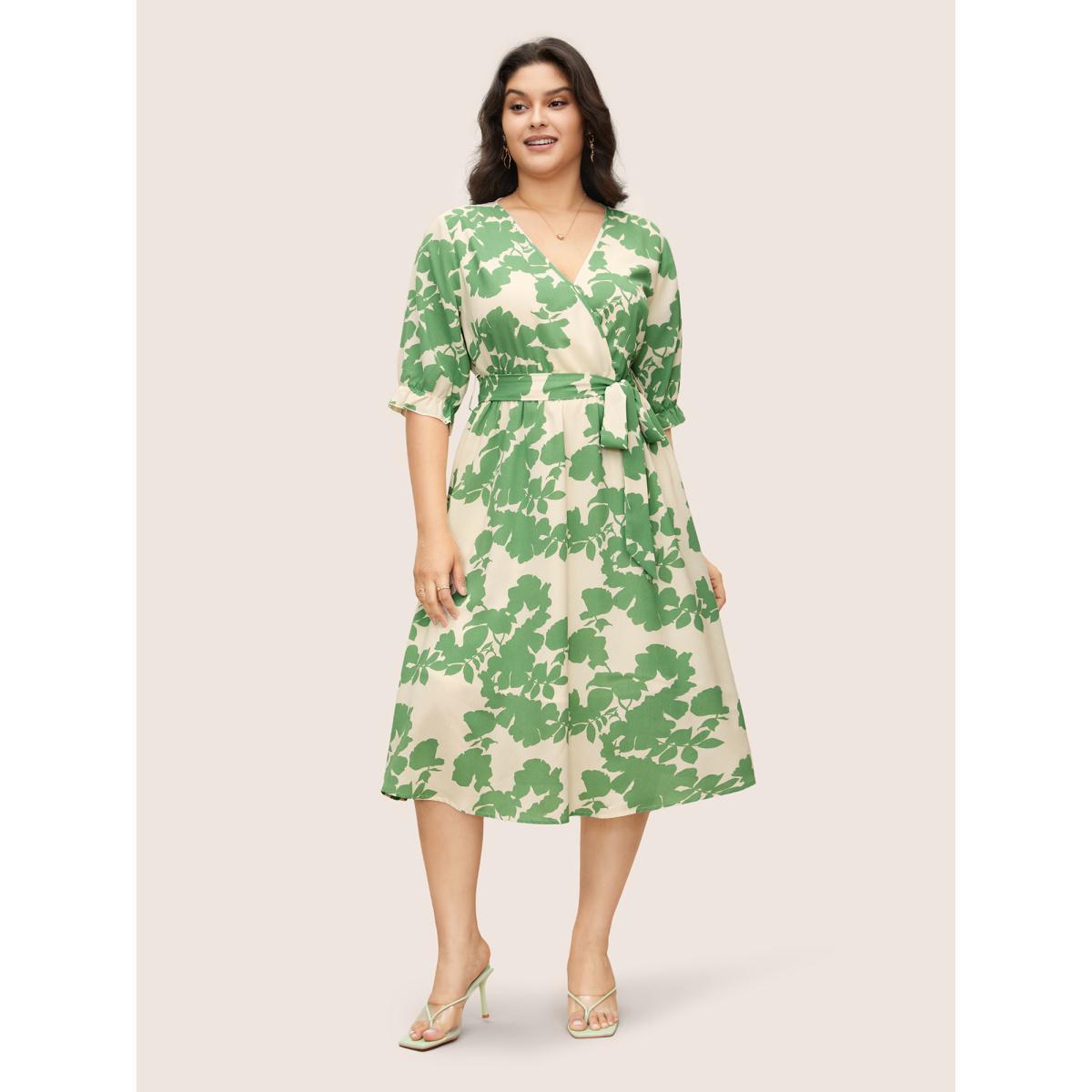 Plus Size Silhouette Floral Print Overlap Collar Lantern Sleeve Dress Mint Women Elegant Overlapping Overlap Collar Elbow-length sleeve Curvy Midi Dress BloomChic 14-16/1X Product Image
