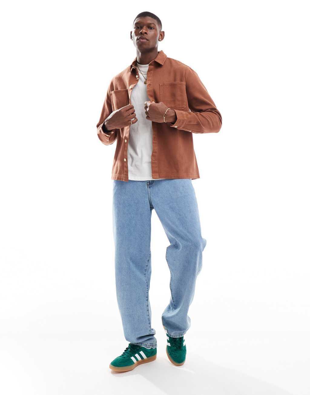 ASOS DESIGN denim shirt with stitching detail in brown wash Product Image