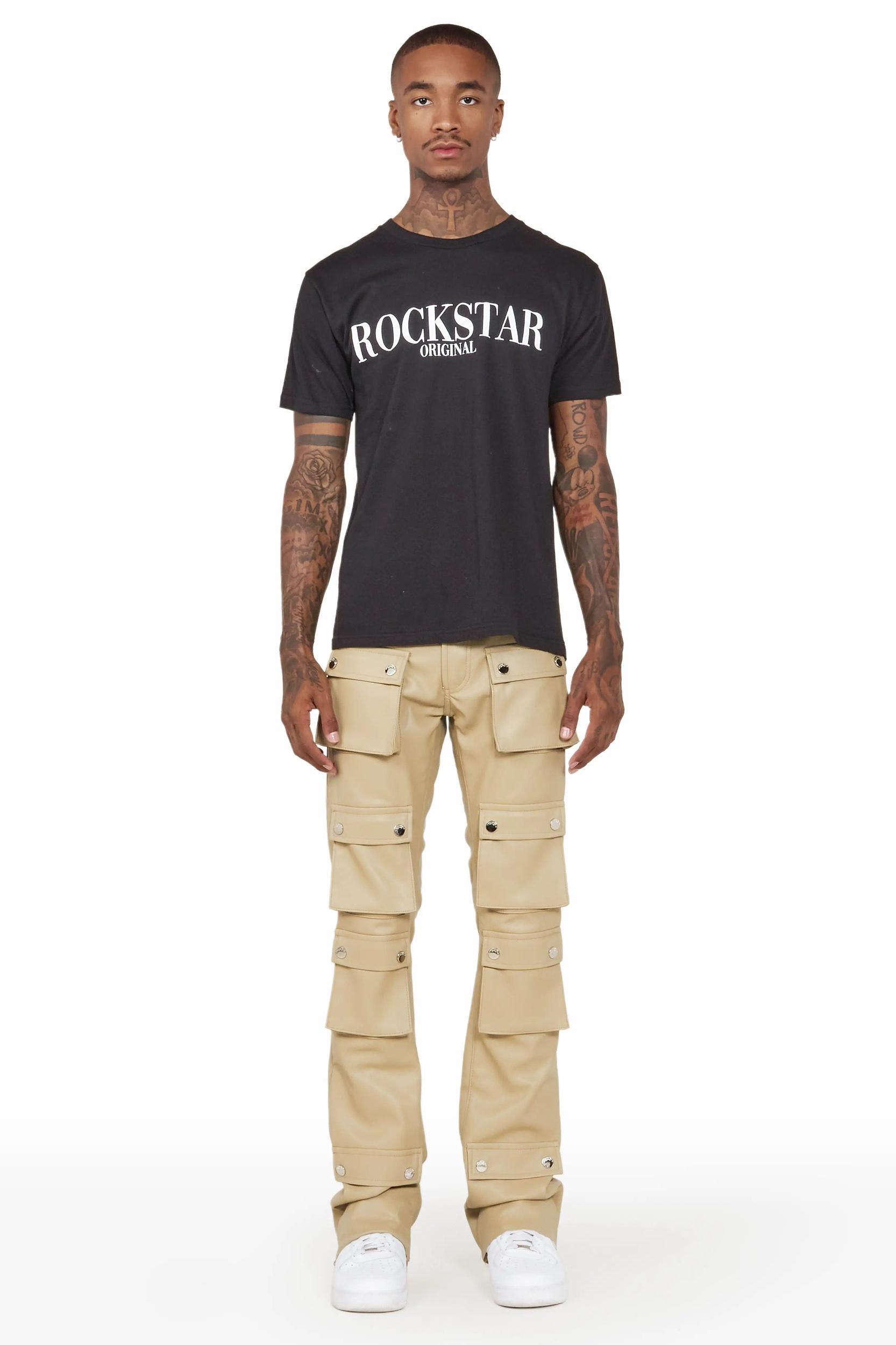 Remi Beige Faux Leather Stacked Flare Jean Male Product Image