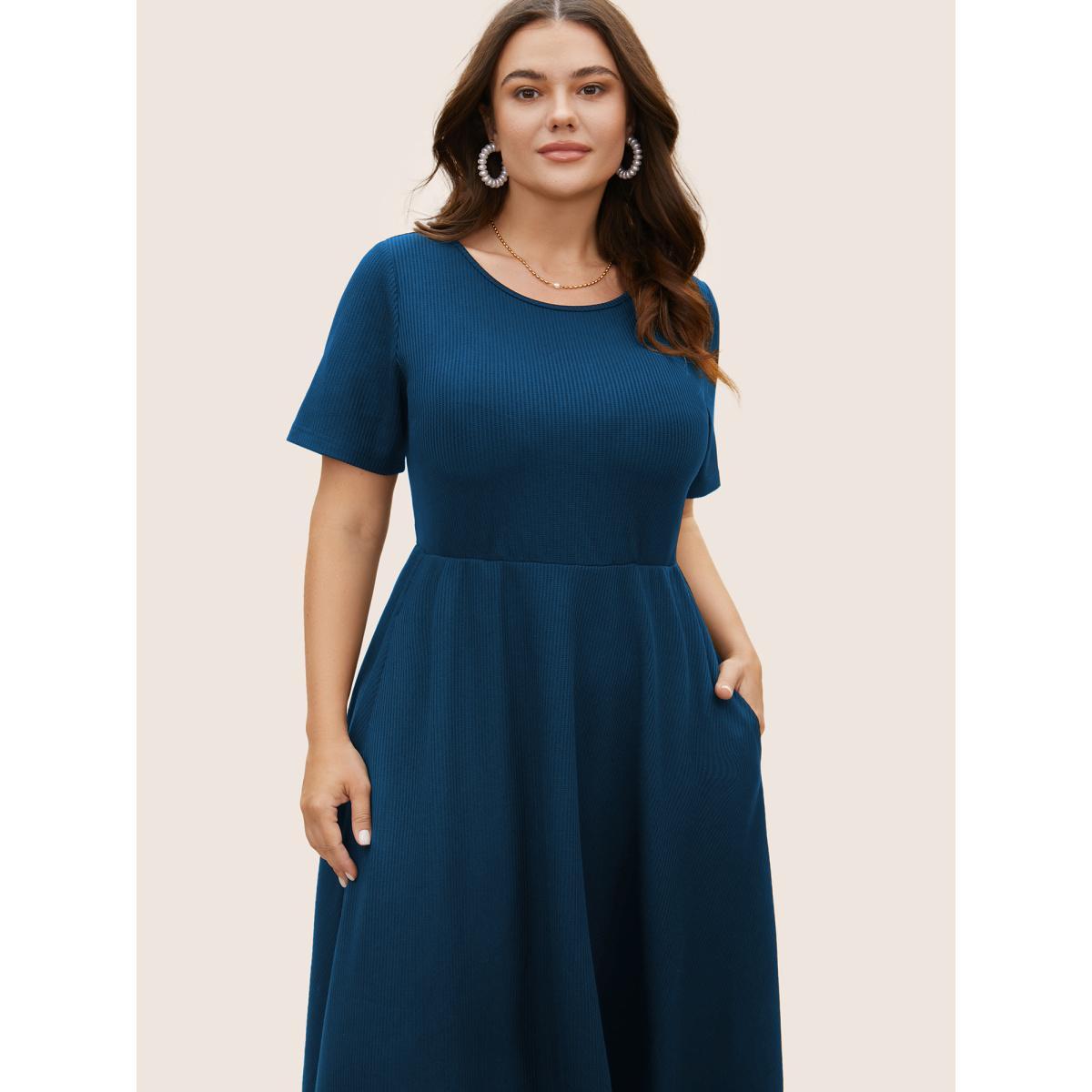 Plus Size Round Neck Contrast Back Bowknot Midi Dress DarkBlue Women Elegant Tie knot Round Neck Short sleeve Curvy BloomChic 18-20/2X Product Image