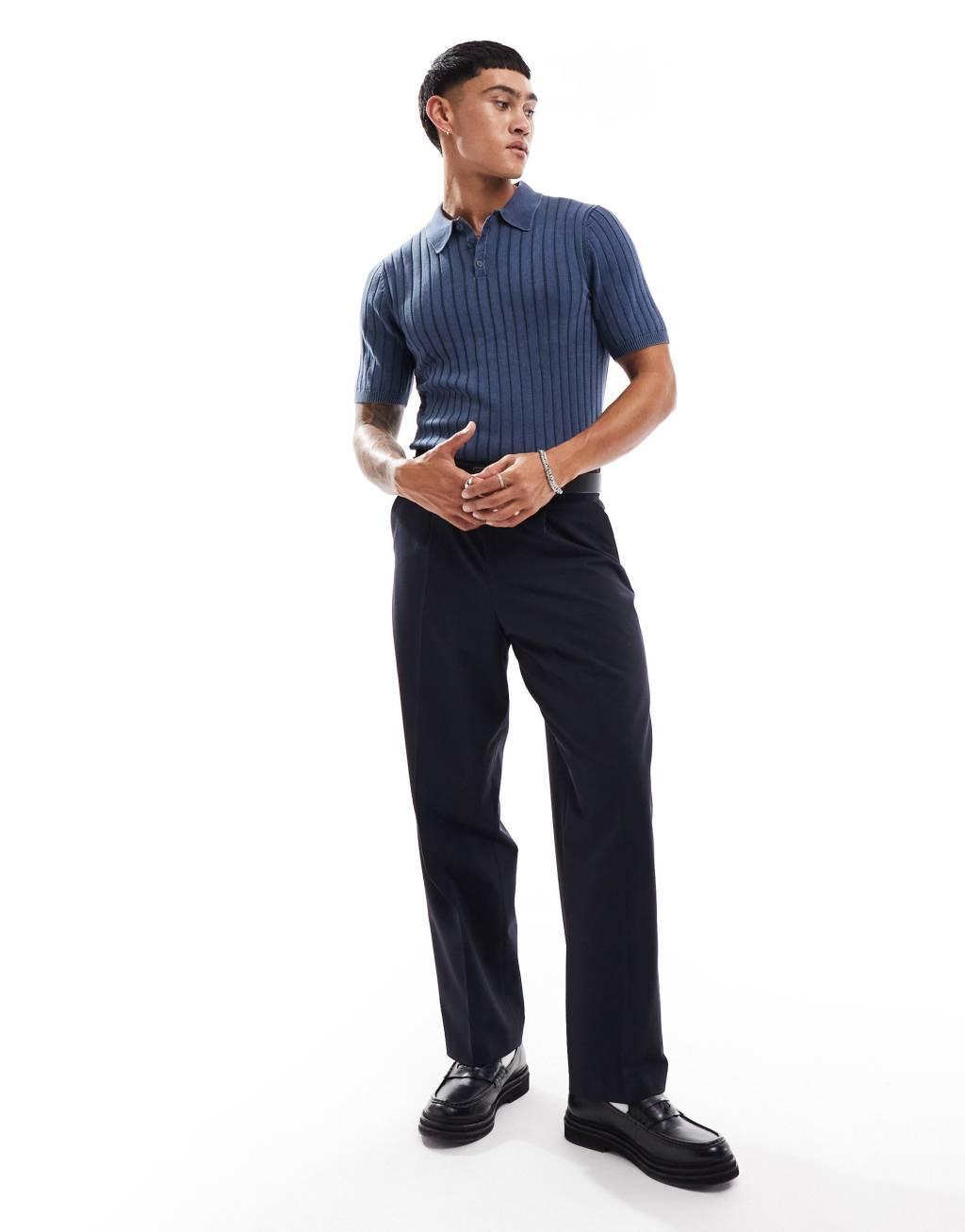 ASOS DESIGN muscle fit washed knitted wide rib polo in navy  Product Image