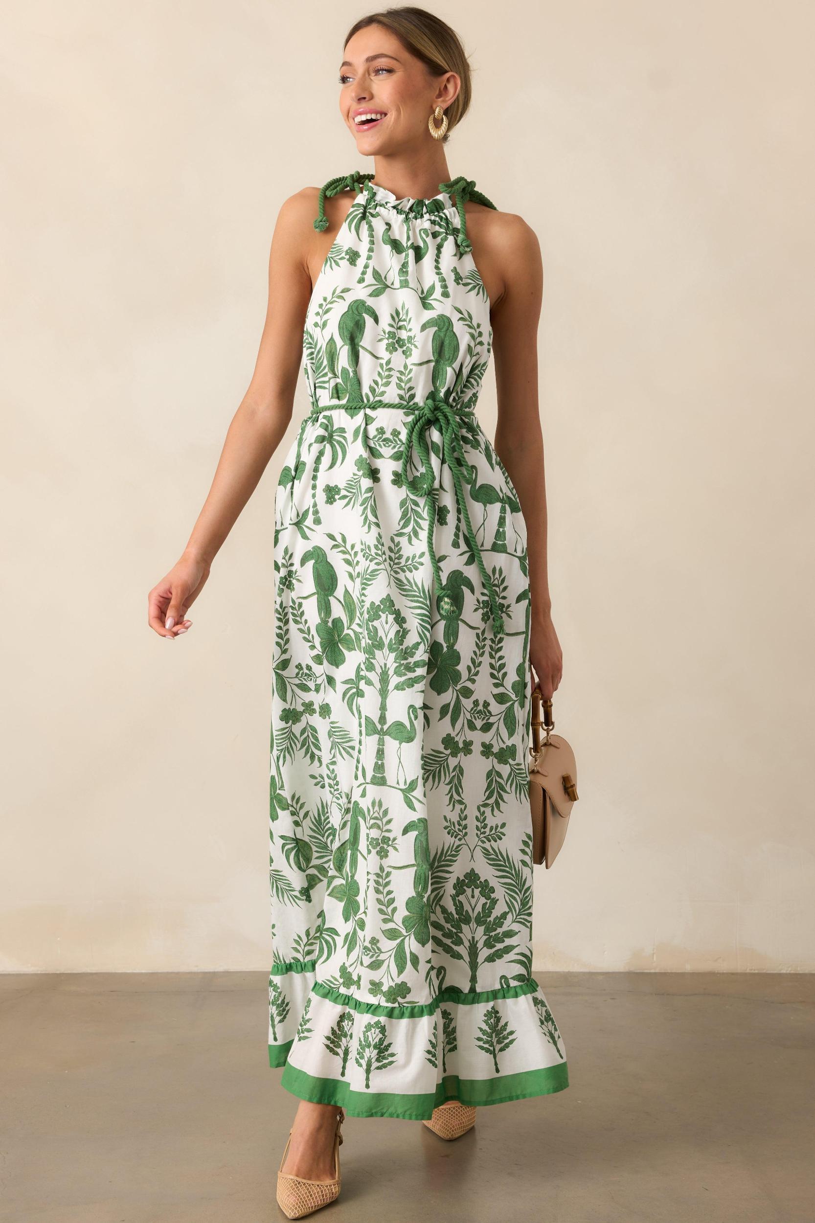 Breeze Through Paradise Cotton Green Tropical Print Maxi Dress Product Image