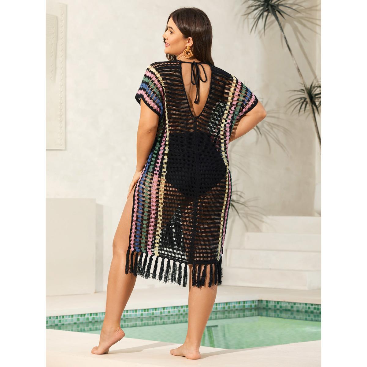 Plus Size Colorful Stripes Cut-Out Tassel Swim Cover-Up Women's Swimwear Black Beach Loose Texture Curve Swim Cover Ups BloomChic 26/4X Product Image