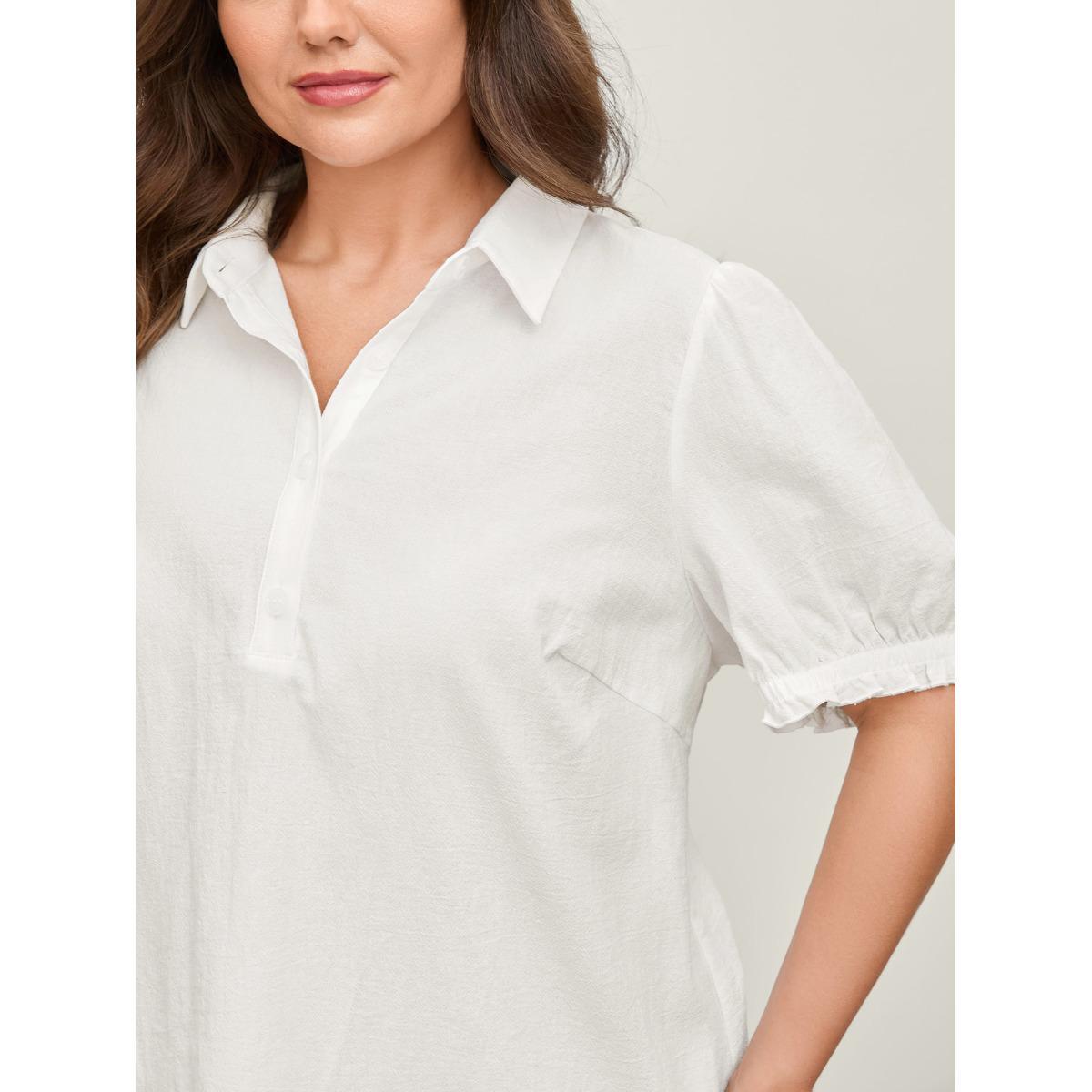 Plus Size Originalwhite Pure Cotton Ruffled Puffy Sleeve Blouse Women Short sleeve Shirt collar Work Blouses BloomChic 12/L Product Image