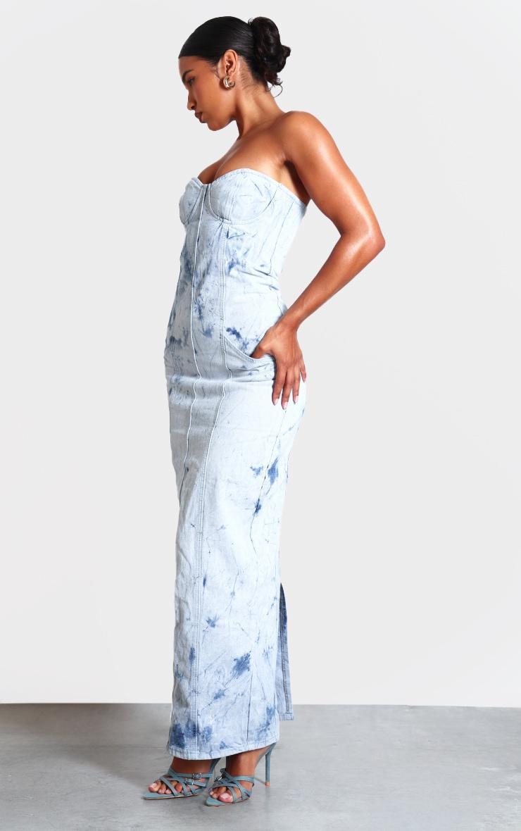 Blue Tie Dye Print Bustier Denim Maxi Dress Product Image