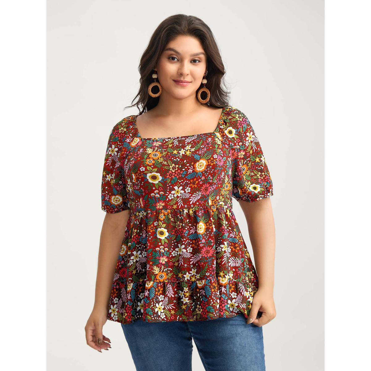 Plus Size Scarlet Floral Square Neck Fit and Flare Blouse Women Short sleeve Square Neck Vacation Blouses BloomChic 22-24/3X Product Image