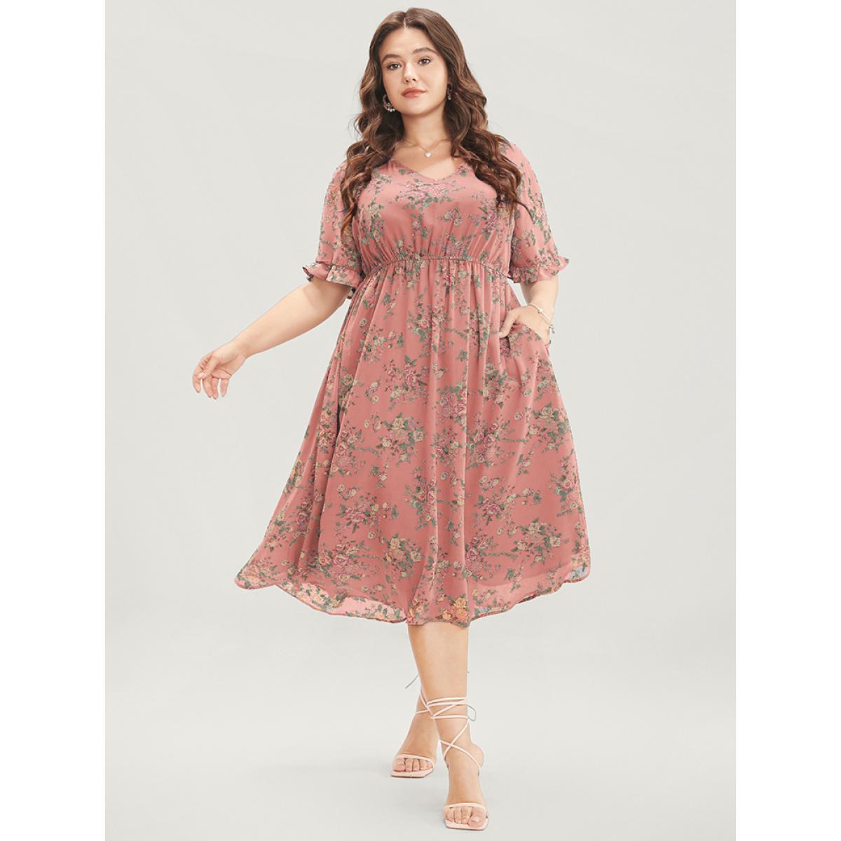 Plus Size Floral Print V Neck Elastic Waist Mesh Pocket Ruffles Dress DustyPink Women Elegant See through V-neck Short sleeve Curvy Midi Dress BloomChic 10/M Product Image