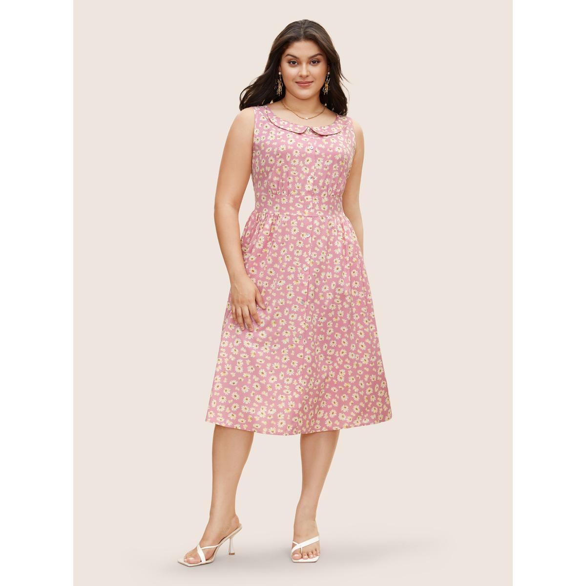 Plus Size Collared Daisy Midi Dress Blush Women Elegant Gathered Lapel Collar Sleeveless Curvy BloomChic 30/6X Product Image