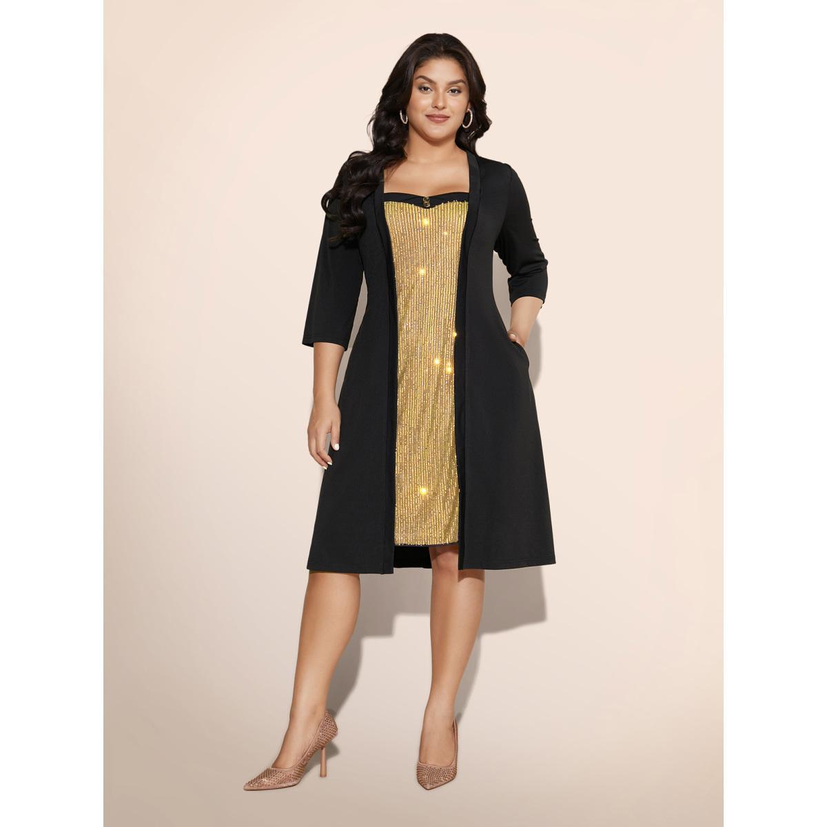 Plus Size Heart Neckline Patchwork Sequin Button Detail Dress Gold Women Cocktail Texture Party Curvy Bloomchic 10/M Product Image