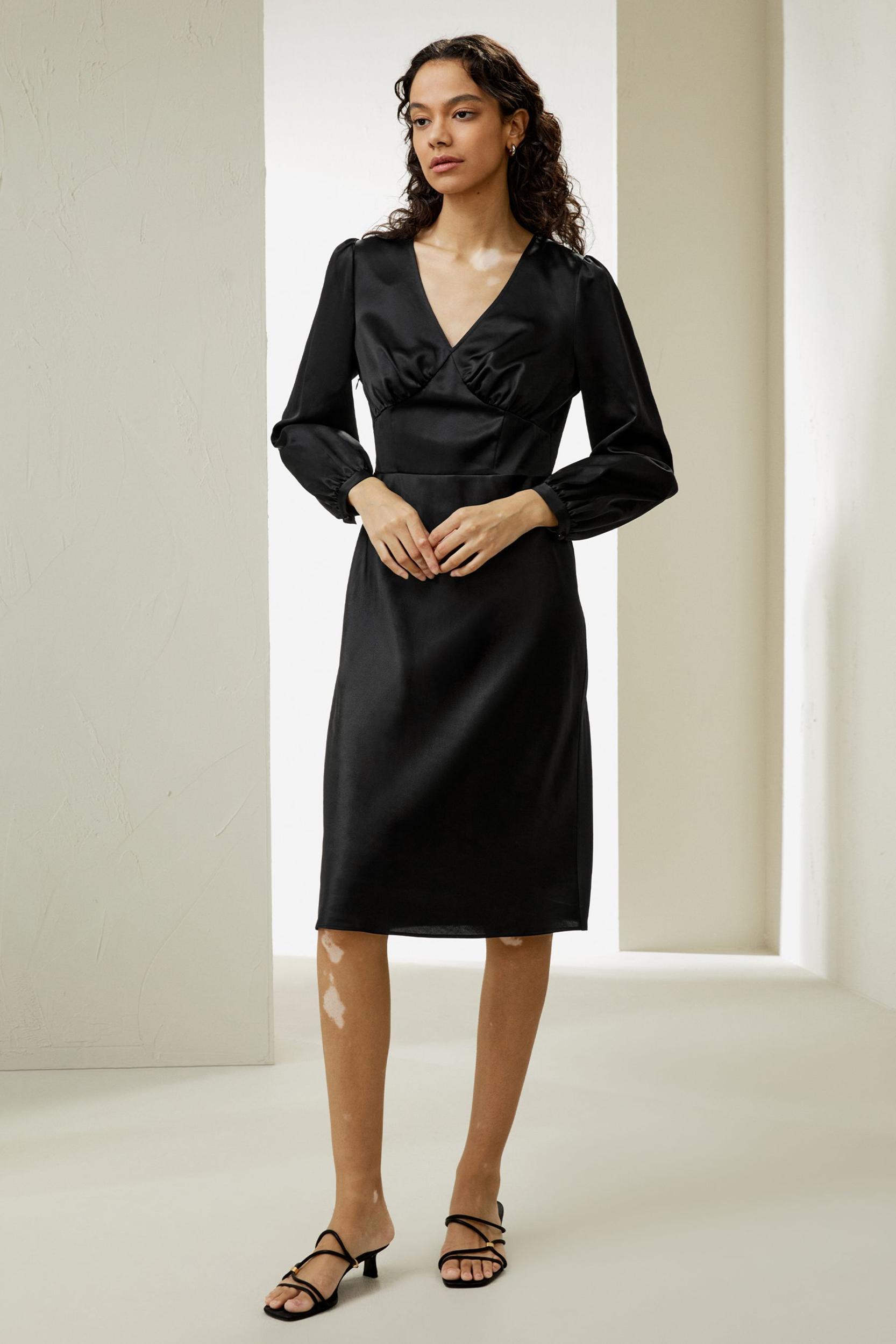 V-Neck Silk Waisted Dress Product Image
