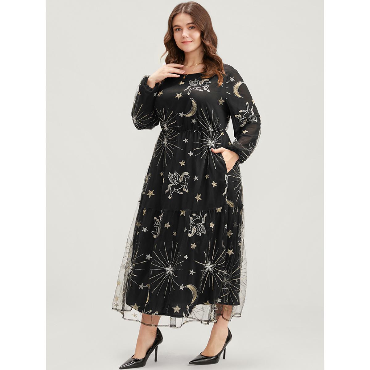 Plus Size Moon And Star Pocket Lantern Sleeve Embroidered Mesh Dress Black Women Party Round Neck Long Sleeve Curvy Long Dress BloomChic 12/L Product Image