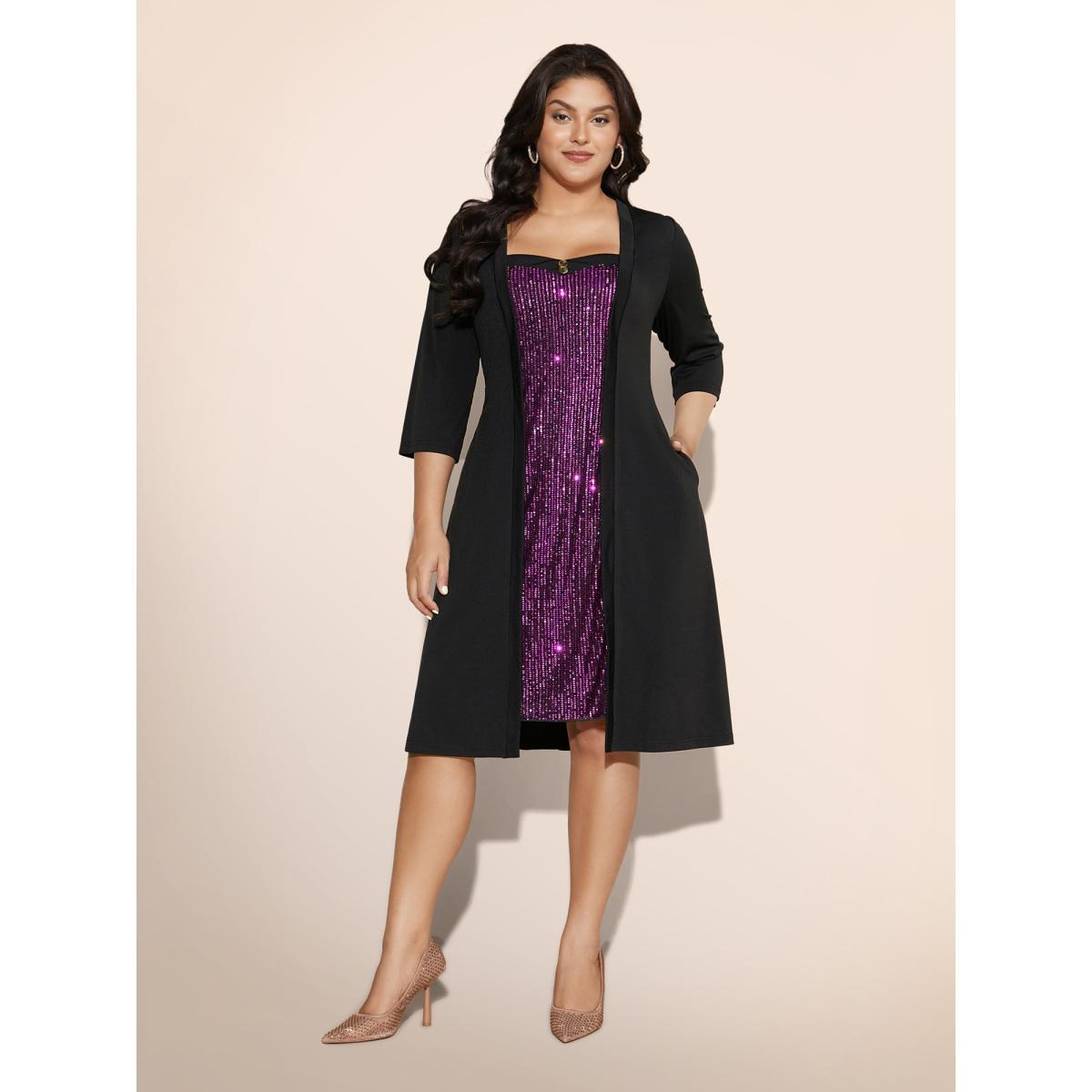 Plus Size Heart Neckline Patchwork Sequin Button Detail Dress Watermelon Women Cocktail Texture Party Curvy Bloomchic 18-20/2X Product Image