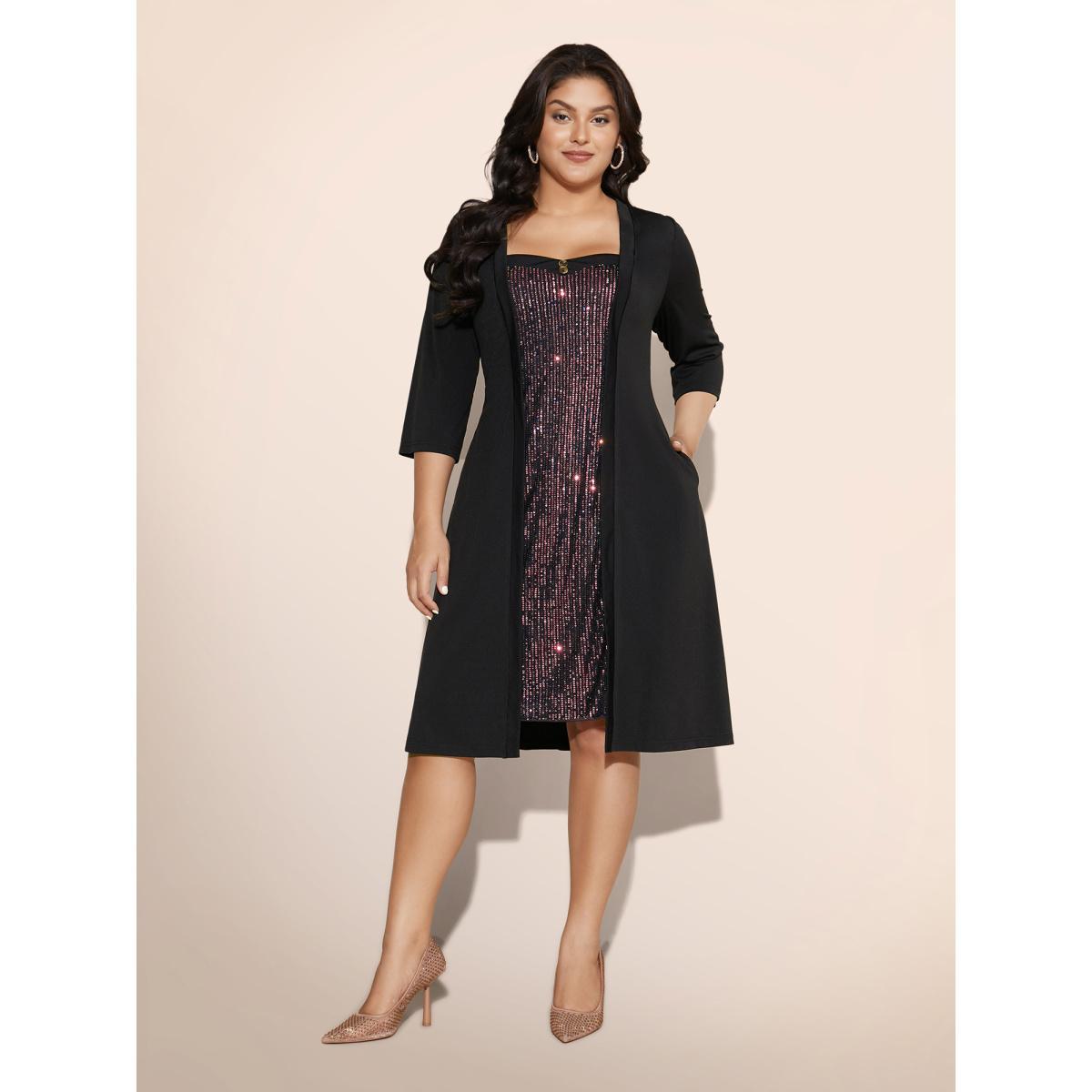Plus Size Heart Neckline Patchwork Sequin Button Detail Dress Watermelon Women Cocktail Texture Party Curvy Bloomchic 18-20/2X Product Image