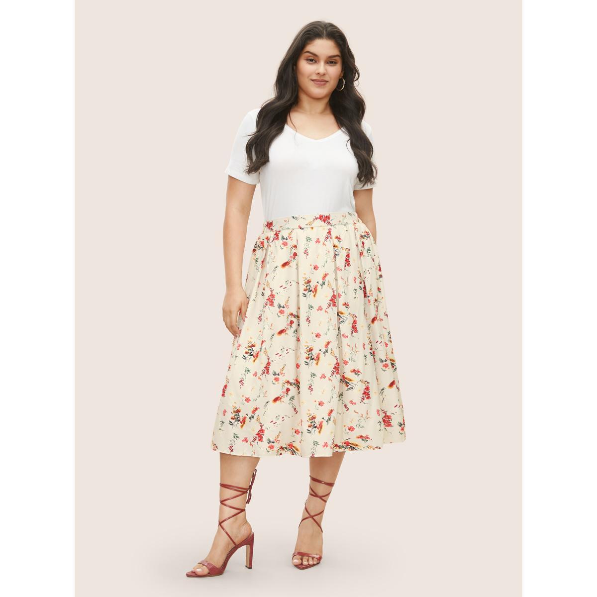 Plus Size Floral Print Pleated Elastic Waist Skirt Women Beige Elegant Pleated No stretch Everyday Skirts BloomChic 30/6X Product Image
