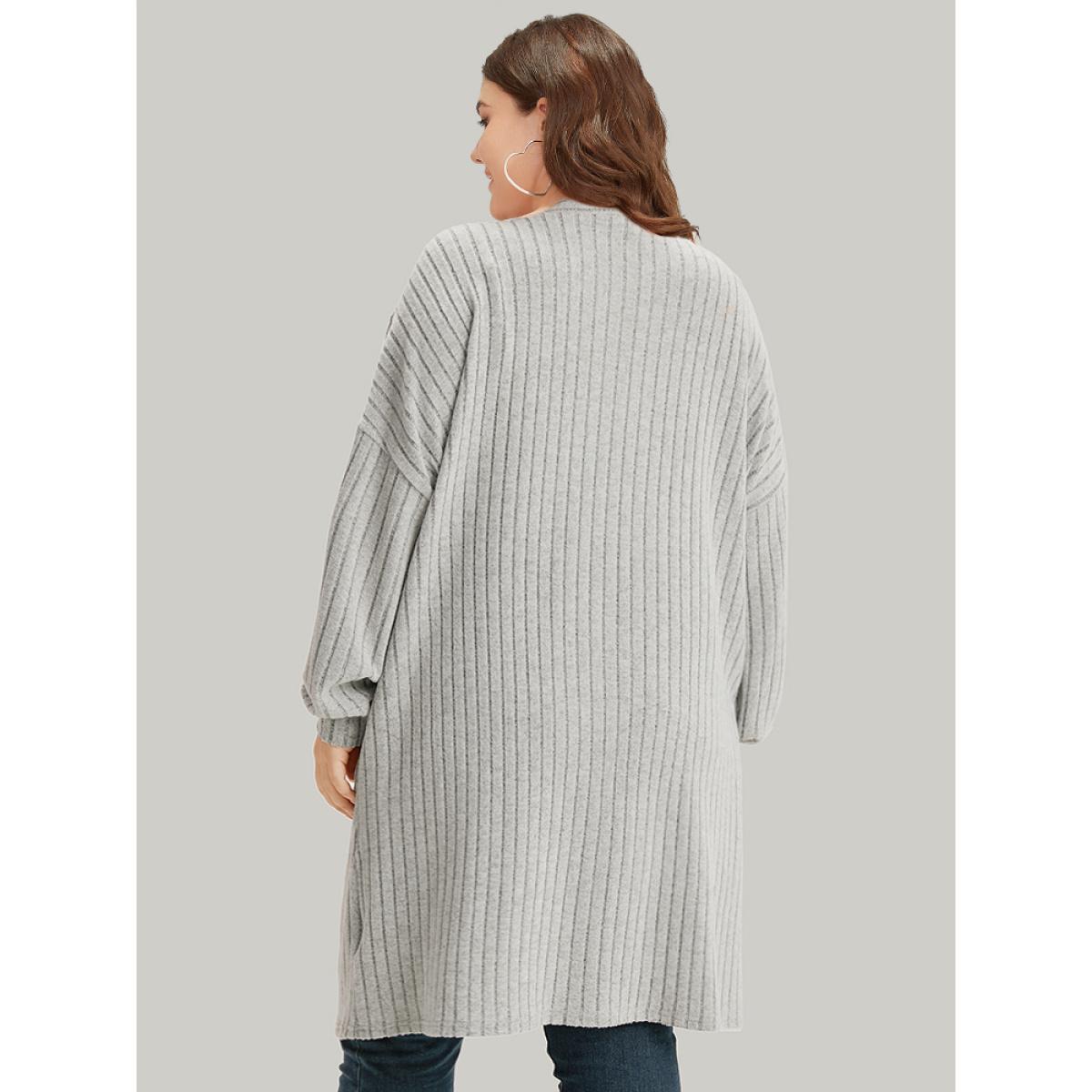 Plus Size Plain Pocket Texture Open Front Kimono Women Gray Casual Texture Pocket Dailywear Kimonos BloomChic 12/L Product Image