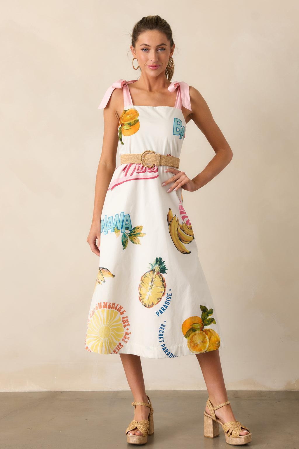 Take A Chance Cotton Ivory Tropical Fruit Print Midi Dress Product Image
