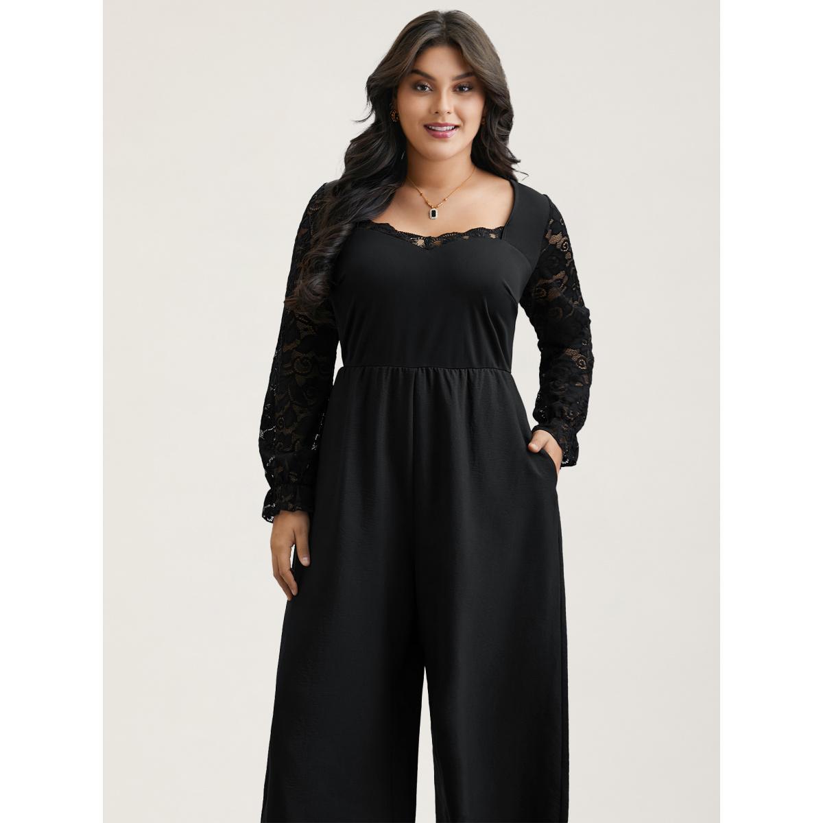 Plus Size Black Lace Sheer Sleeve Flared Jumpsuit Women Elegant Extra Long Sleeve Heart neckline Everyday-Elegant Loose Jumpsuits BloomChic 10/M Product Image