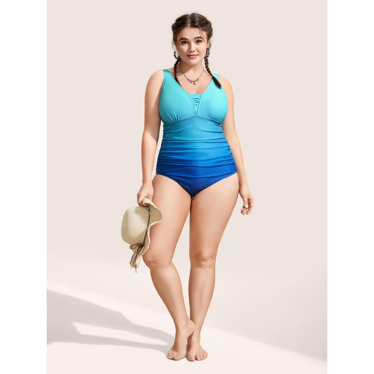 Plus Size Gradient Dyeing Heart Neckline Ruched One Piece Swimsuit Women's Swimwear Arctic Beach Gathered Curve Bathing Suits High stretch One Pieces BloomChic 18-20/2X Product Image