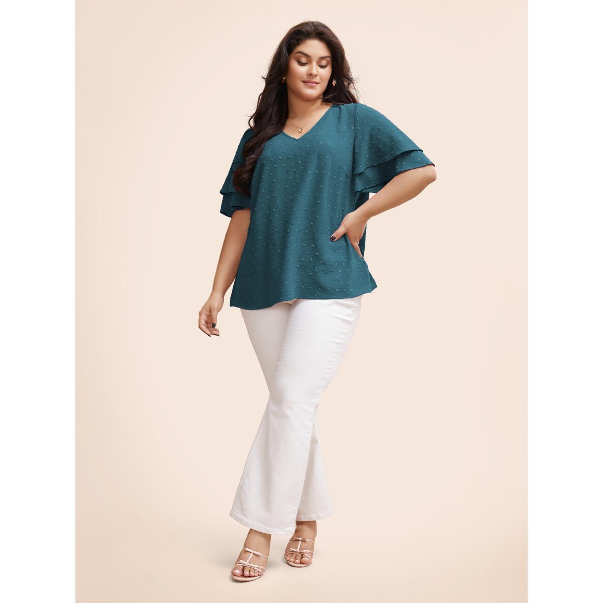Plus Size Cerulean Plain Ruffle Tiered Sleeve V Neck Polka Dot Blouse Women Elegant Short sleeve V-neck Everyday Blouses BloomChic 18-20/2X Product Image