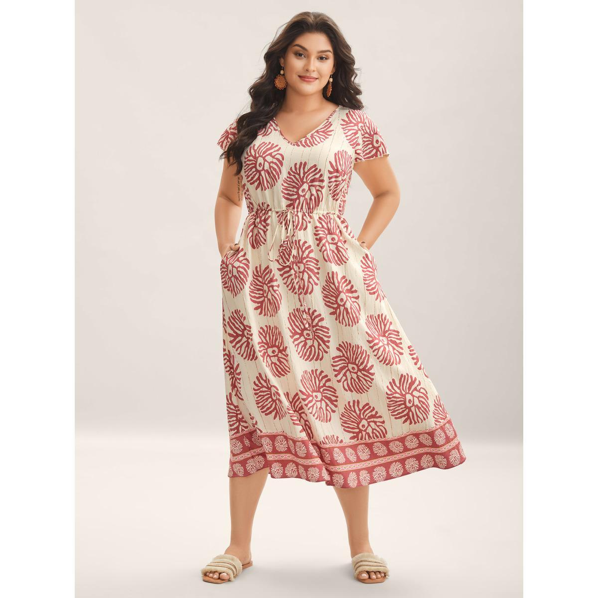 Plus Size Breezy Boho Print Drawstring Waist Midi Dress Dirtypink Women V-neck Cap Sleeve Curvy BloomChic 30/6X Product Image