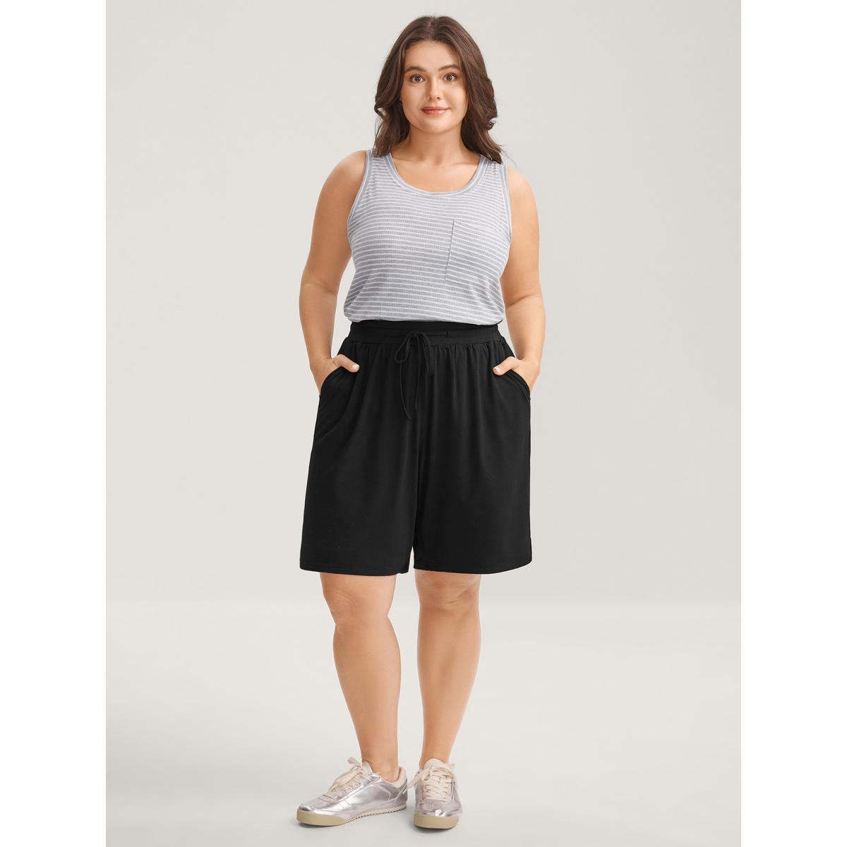 Plus Size Stretchy Slit Drawstring Straight-Leg Shorts Women Black Casual Drawstring Straight Leg Everyday-Casual Shorts BloomChic 30/6X Product Image