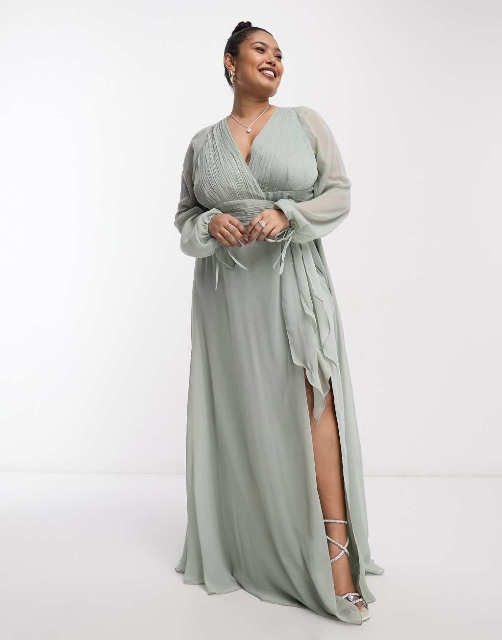ASOS DESIGN Curve bridesmaid long sleeve ruched maxi dress with wrap skirt Product Image