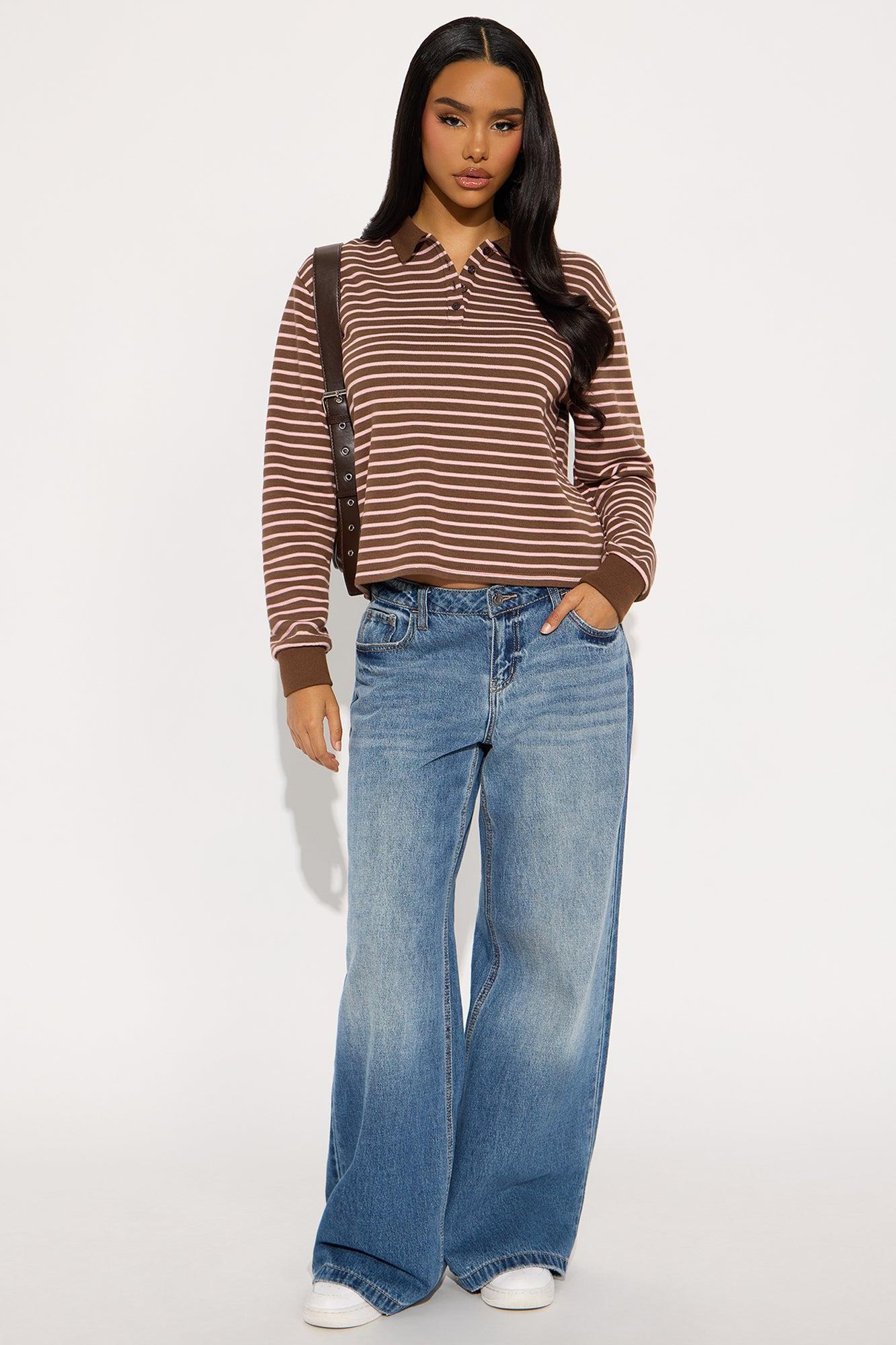 Vesta Striped Long Sleeve Polo Top - Brown/combo Female Product Image