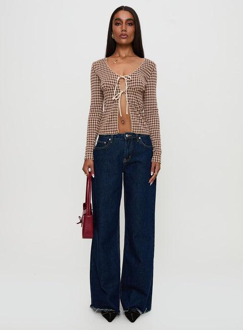 Maemi Long Sleeve Tie Up Top Brown Check Product Image
