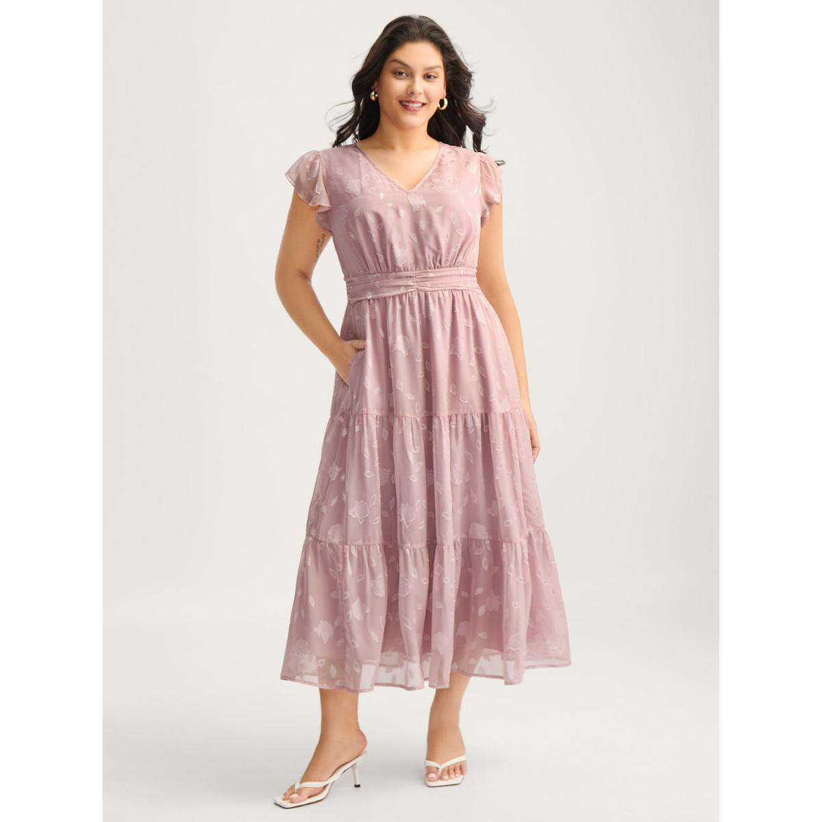 Plus Size Sweet Petals Pleated Waist Tiered Midi Dress Beanpastepowder Women V-neck Cap Sleeve Curvy BloomChic 22-24/3X Product Image