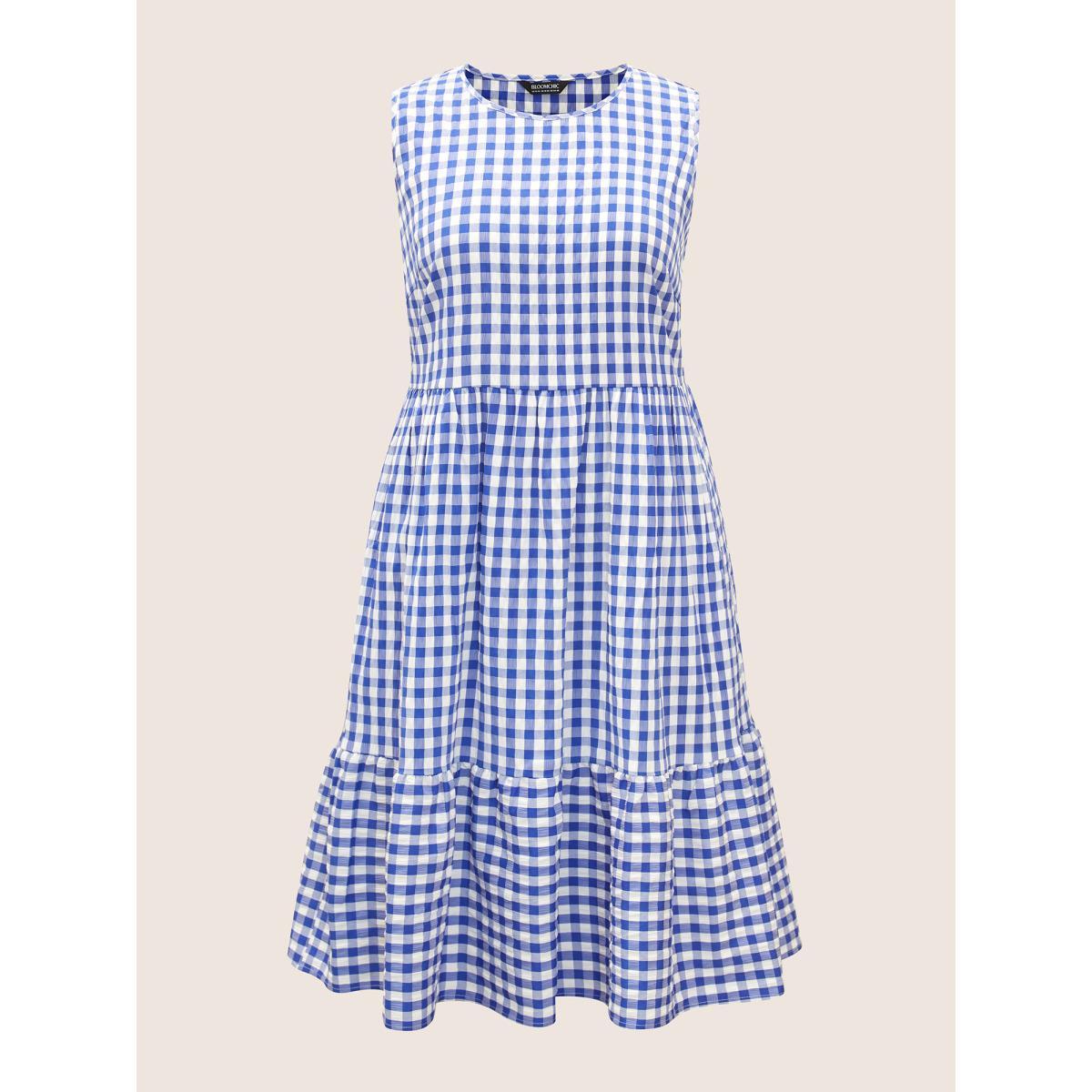 Plus Size Gingham Ruffle Layered Hem Tank Midi Dress Brightblue Women Casual Gathered Round Neck Sleeveless Curvy BloomChic 10/M Product Image