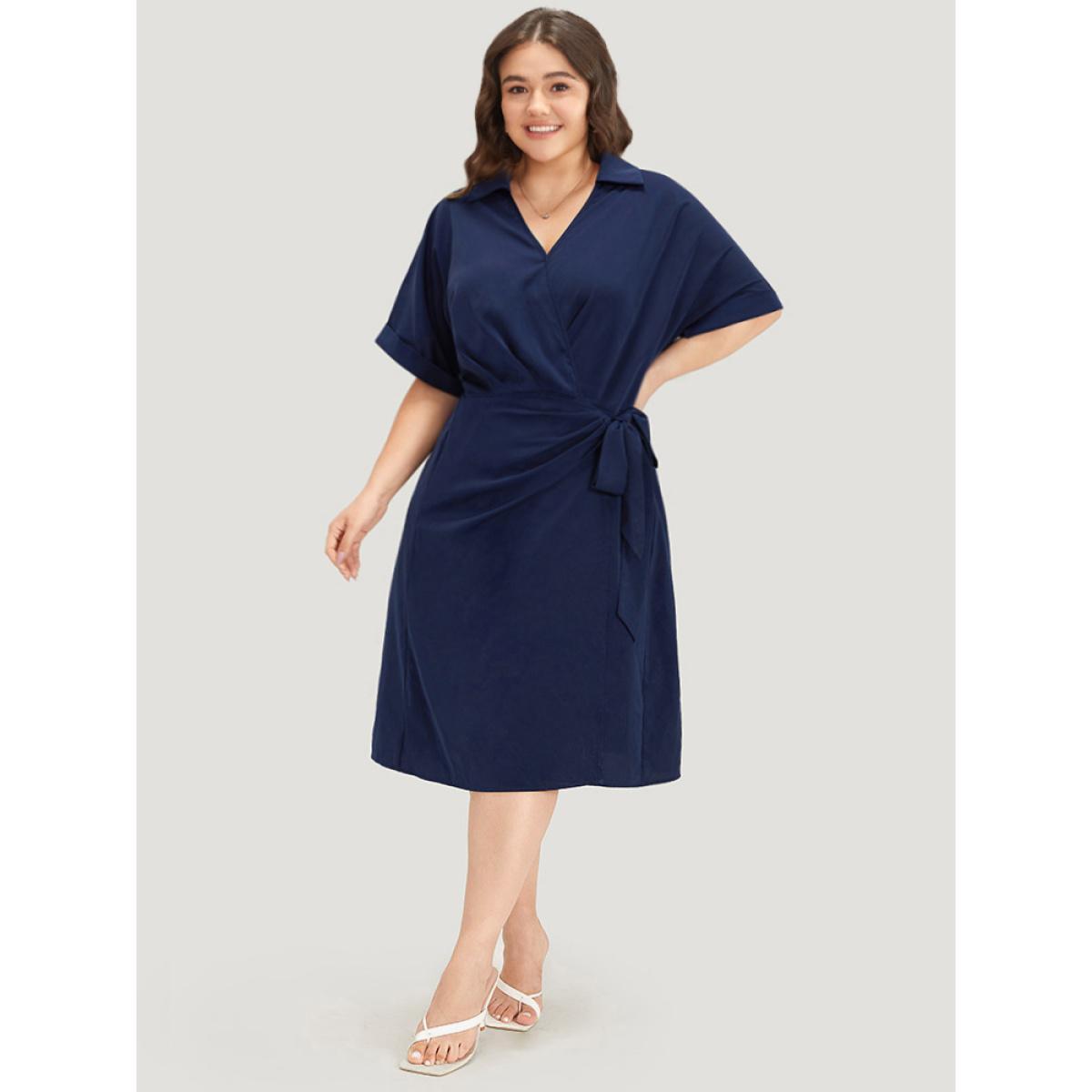 Plus Size Shirt Collar Split Hem Wrap Pocket Knot Gathered Dress DarkBlue Women Elegant Wrap Shirt collar Half Sleeve Curvy Midi Dress BloomChic 28/5X Product Image