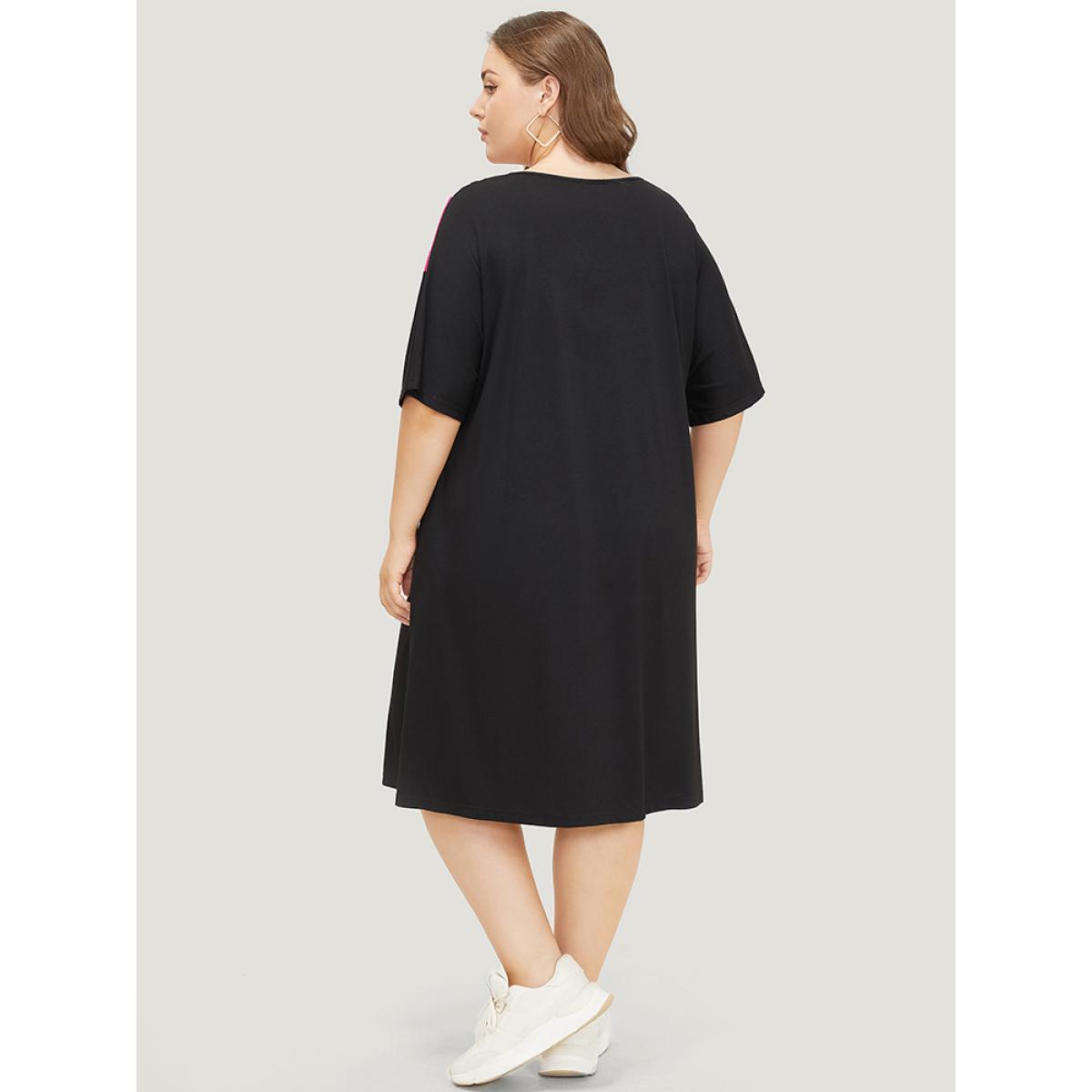 Plus Size Supersoft Essentials Leopard Contrast Batwing Sleeve Pocket Split Hem Dress Black Women Casual Plain V-neck Half Sleeve Curvy Midi Dress BloomChic 22-24/3X Product Image