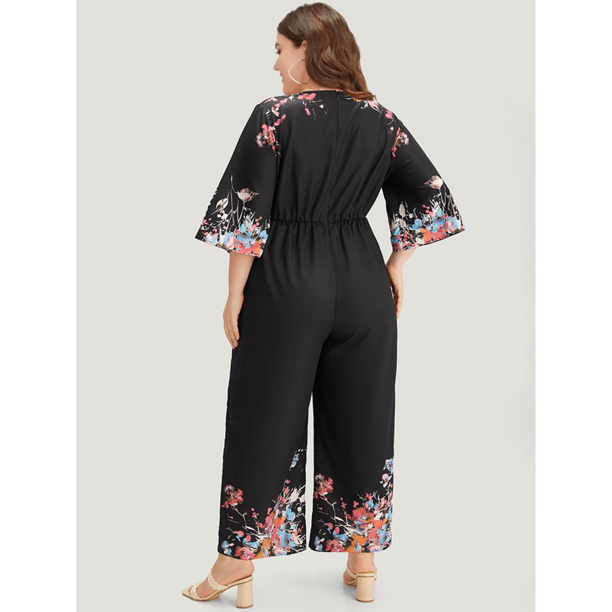 Plus Size Black Boho Print Drawstring Pocket Flutter Sleeve Jumpsuit Women Elegant Elbow-length sleeve V-neck Everyday Loose Jumpsuits BloomChic 14-16/1X Product Image